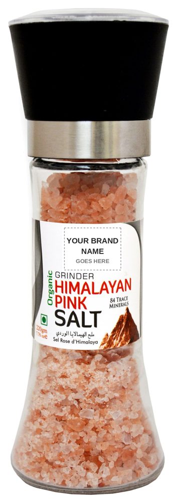 Sample salt grinder bottle of pink Himalayan salt with a placeholder where your brand name goes