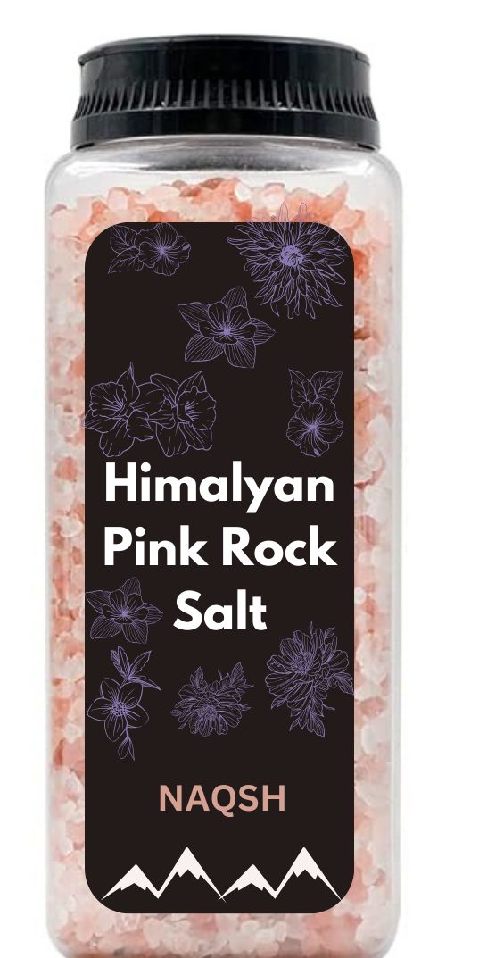 Sample jar of pink Himalayan rock salt with a dark floral label and the placeholder brand NAQSH